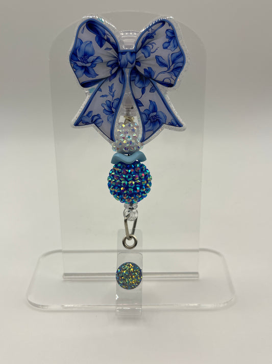 Blue and White Floral Bow